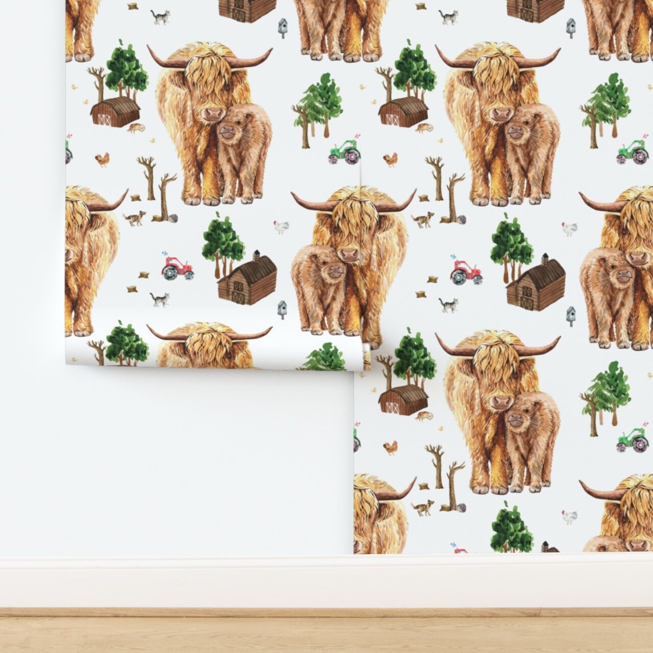 Highland Cow Scottish Shaggy Calf Farm Scotland Barnyard Animal Barn Custom Removable Wallpaper by Spoonflower Peel & Stick Wallpaper 2FT Wide